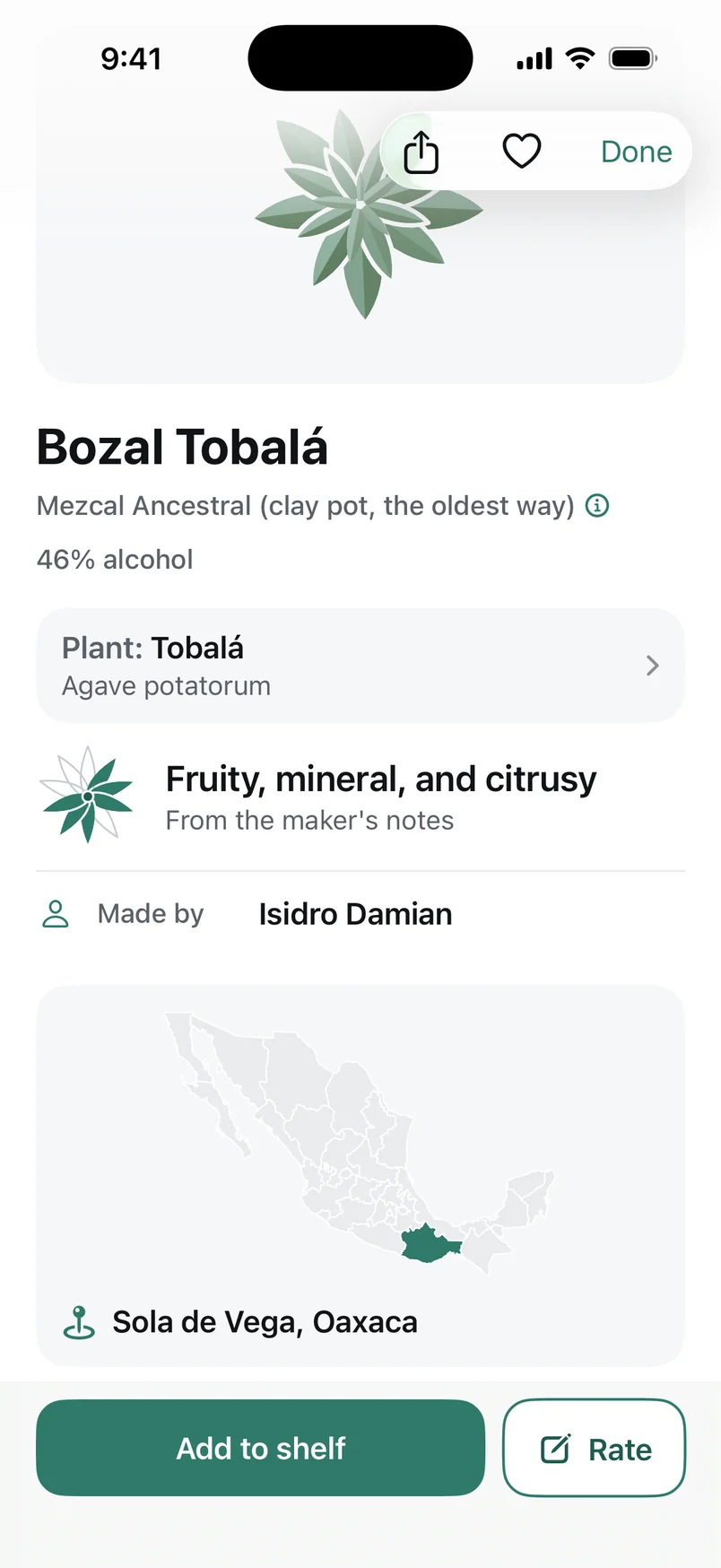 Agavist on iPhone after a scan of Bozal Tobalá, Mezcal Ancestral (clay pot, the oldest way), 46% alcohol: a drawing of its plant, tobalá, Agave potatorum, then fruity, mineral and citrusy, made by Isidro Damian, and a map pinned at Sola de Vega, Oaxaca.